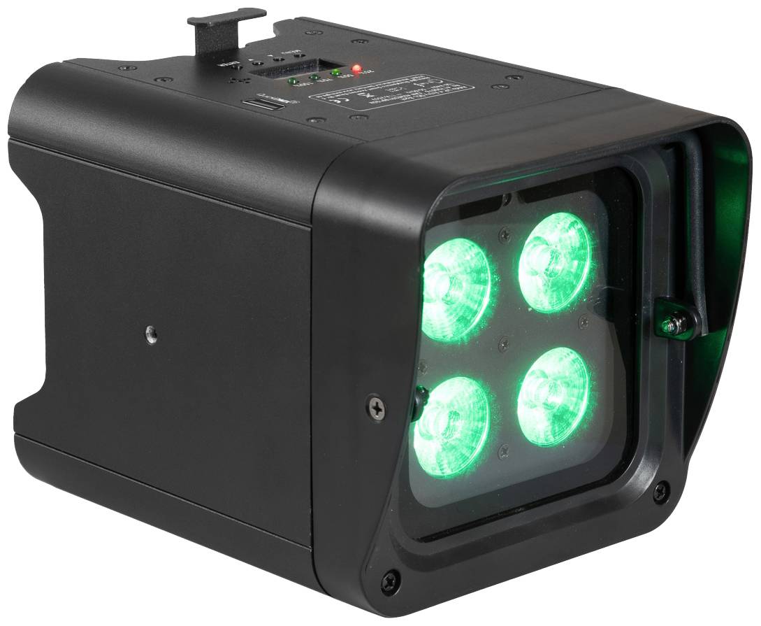 Czarny reflektor LED z czterema zielono świecącymi soczewkami, odpowiedni do oświetlenia scenicznego lub efektów specjalnych w ciemnych pomieszczeniach.