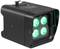 Czarny reflektor LED z czterema zielono świecącymi soczewkami, odpowiedni do oświetlenia scenicznego lub efektów specjalnych w ciemnych pomieszczeniach.
