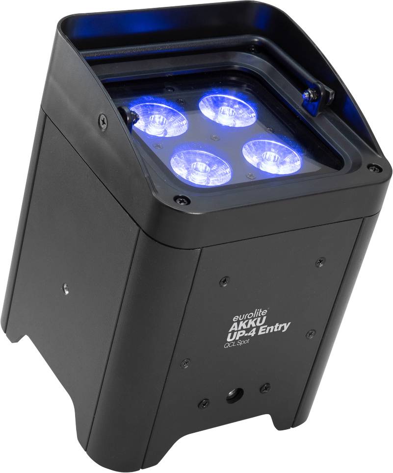 Czarny, kwadratowy reflektor LED z czterema świecącymi niebieskimi soczewkami, odpowiedni do oświetlenia scenicznego lub imprez.