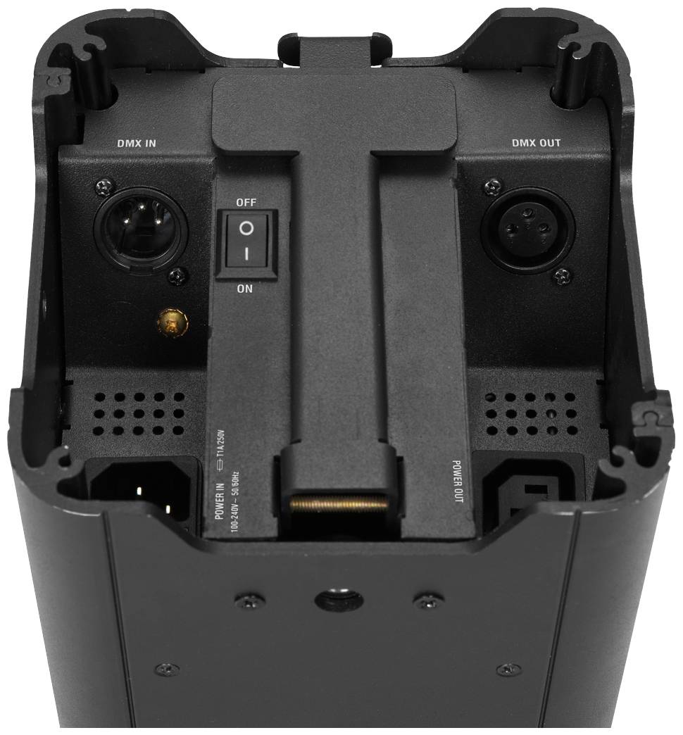 Urządzenie DMX z wejściami i wyjściami, włącznikiem sieciowym oraz złączami do sterowania efektami świetlnymi lub scenicznymi.