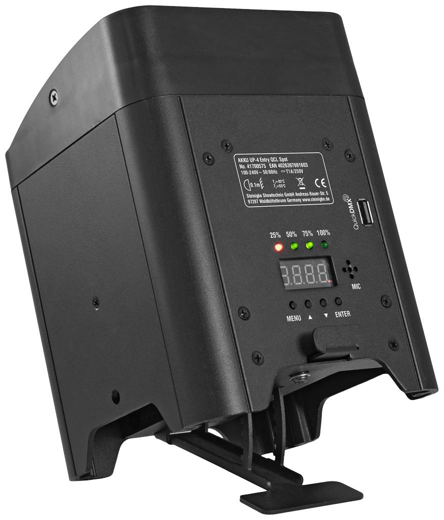 Czarne, trapezowe urządzenie elektroniczne z cyfrowym wyświetlaczem, przyciskami menu i enter, wskaźnikami LED oraz złączem USB.