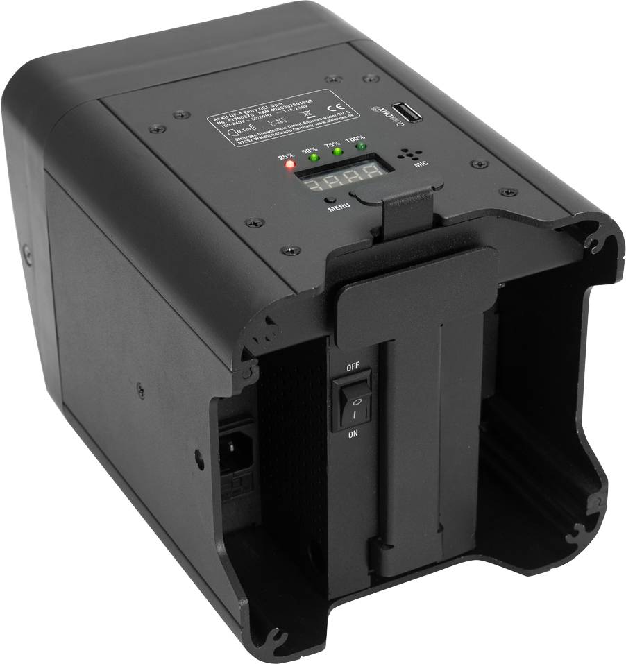 Czarna ładowarka z wyświetlaczem cyfrowym i kilkoma przełącznikami. Posiada złącza i diody LED wskazujące stan ładowania.