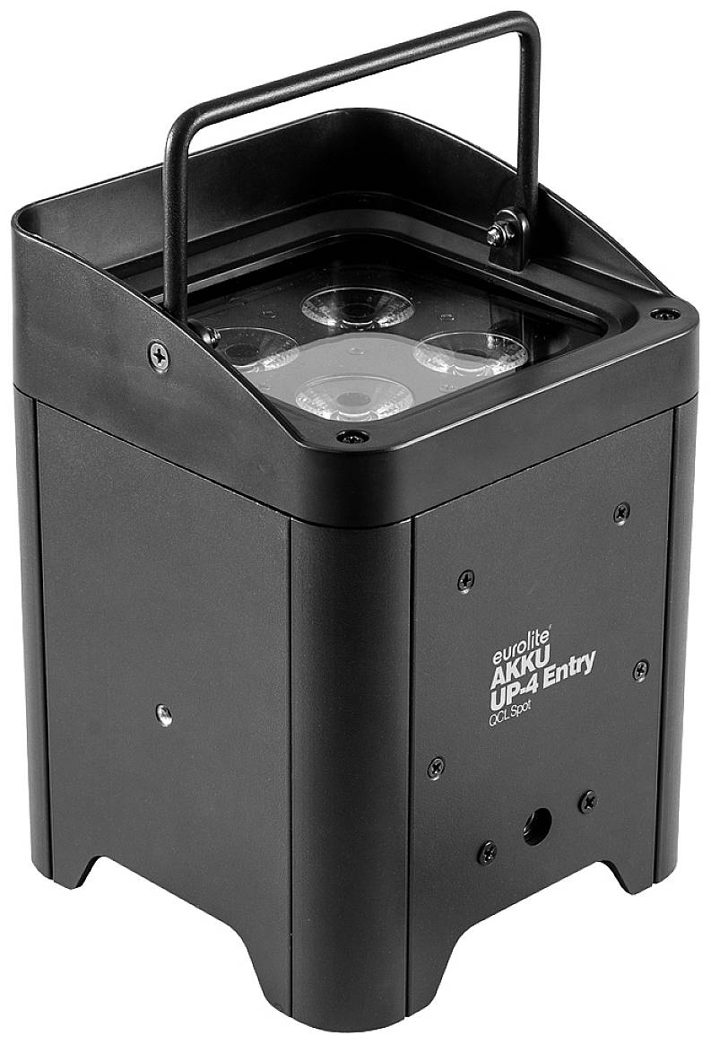 Czarny, przenośny reflektor LED z uchwytem, przeznaczony do oświetlenia scenicznego i eventowego, wyposażony w cztery widoczne diody LED u góry.