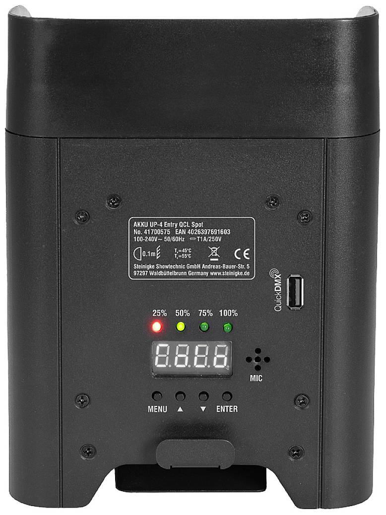 Widok produktu 'AKKU IP Up4 Entry QCL Spot' z tyłu, pokazujący wyświetlacz z kontrolkami, wejście mikrofonowe, złącze USB oraz informacje producenta.