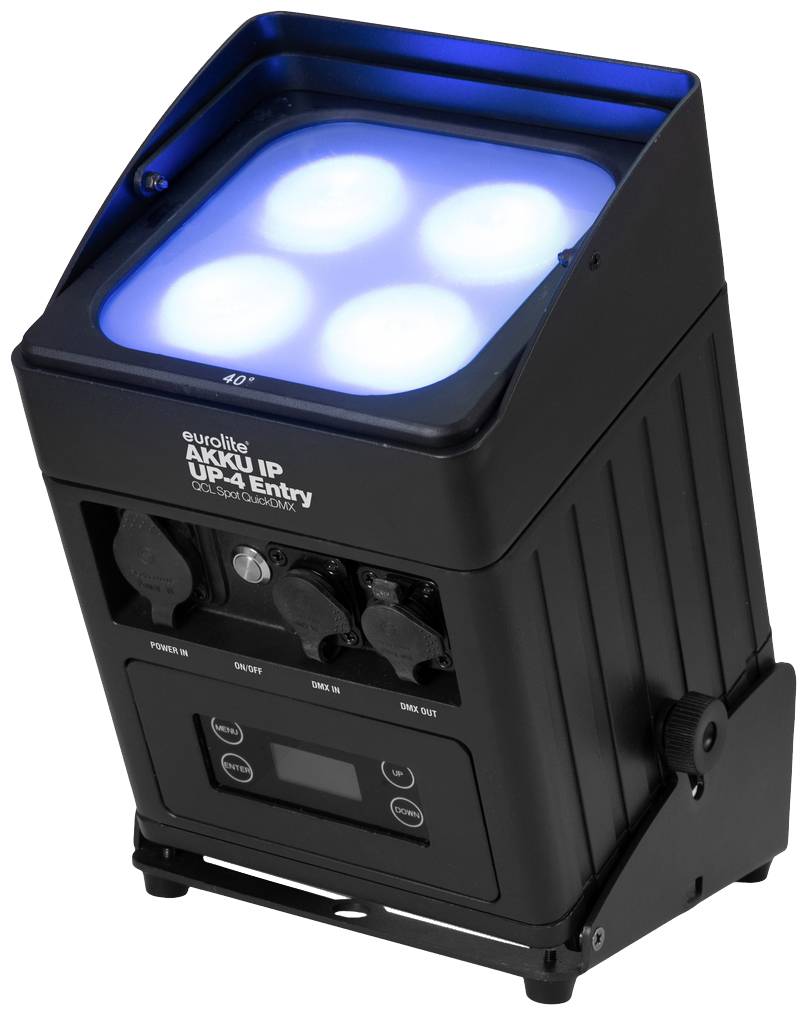 Czarny, kwadratowy reflektor LED z czterema świecącymi niebieskimi diodami LED, odpowiedni do tworzenia efektów świetlnych wewnątrz i na zewnątrz pomieszczeń.