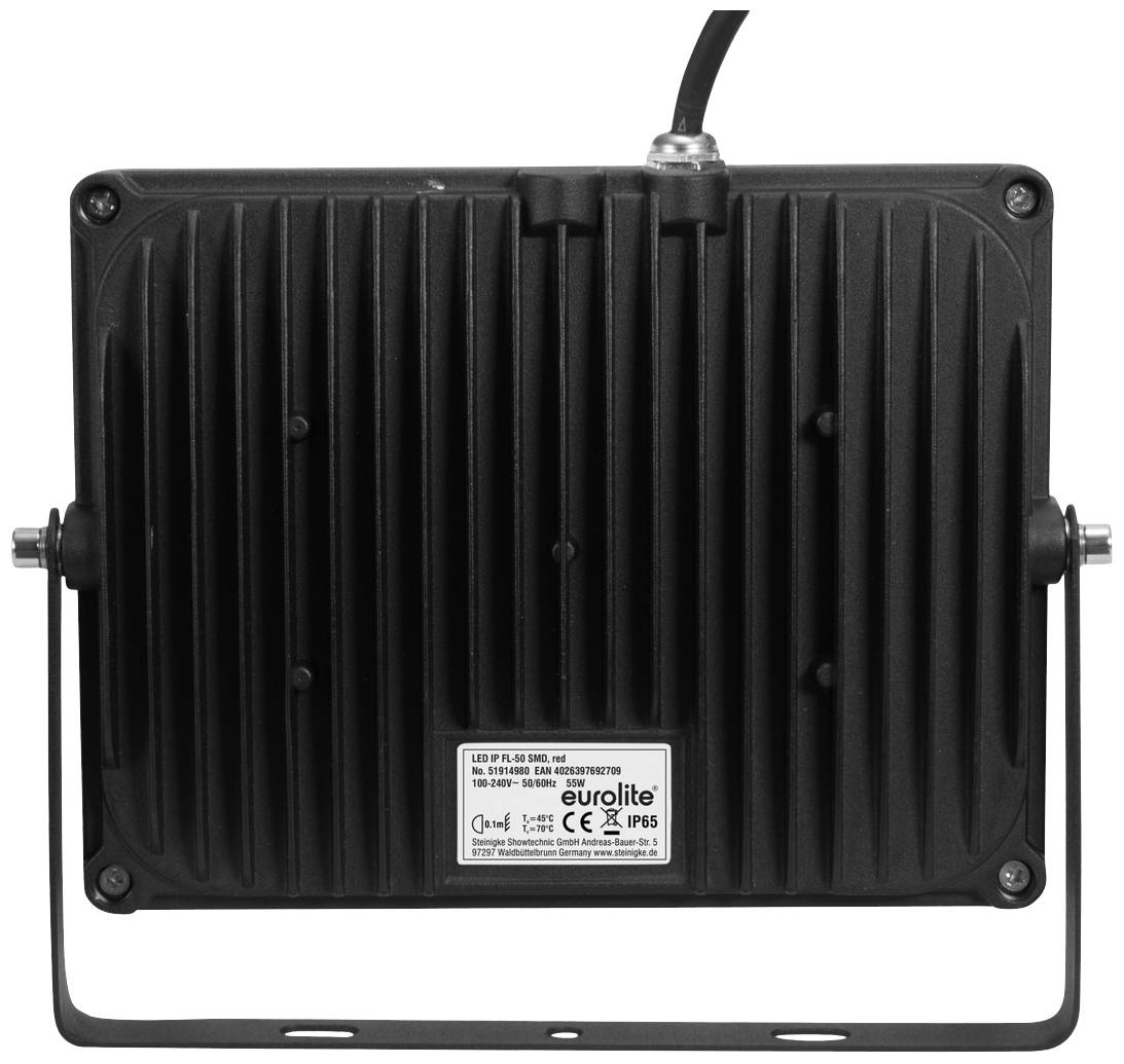 Czarny, prostokątny reflektor LED firmy Eurolite z żebrowaną strukturą na tylnej części i uchwytem do mocowania.