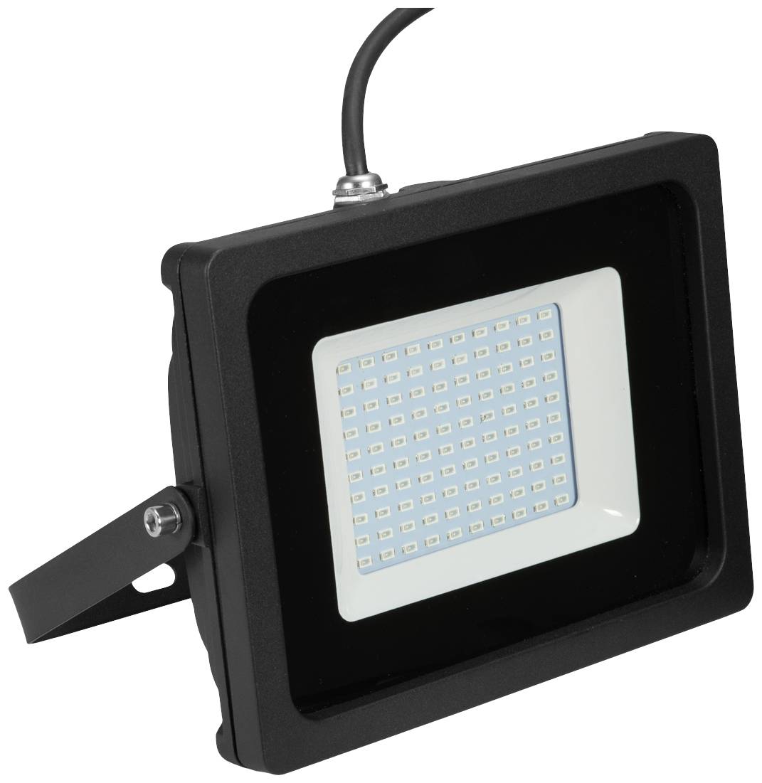 Prostokątny reflektor LED z czarną ramką i uchwytem montażowym. Światło jest wyłączone. Kabel biegnie w górę, wyprowadzony z obudowy.