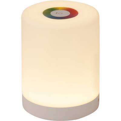 Cylindryczna lampa o delikatnym, ciepłym świetle. Na górze kolorowy pierścień do regulacji barwy światła. Minimalistyczny design.