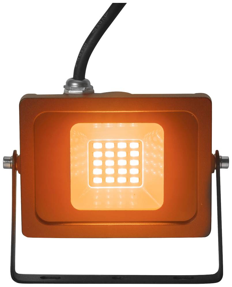 Pomarańczowy reflektor LED z czarnym przewodem, zamontowany na regulowanym statywie metalowym, świeci intensywnie.