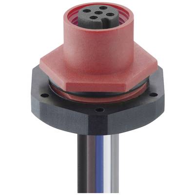 Cylindryczny, czerwony element z czarnym złączem na górnej powierzchni, zamontowany na czarnej podstawie, prawdopodobnie część urządzenia technicznego.