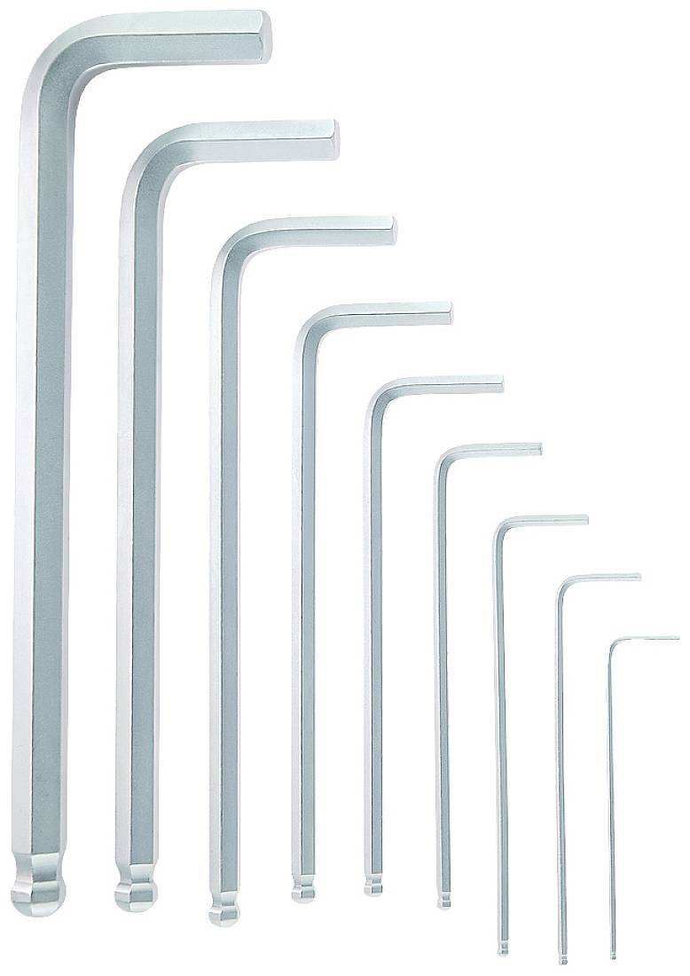 Dziewięć srebrnych kluczy imbusowych o różnych rozmiarach, ułożonych obok siebie.