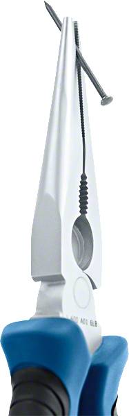 Szczypce z niebieskim uchwytem trzymają gwóźdź.