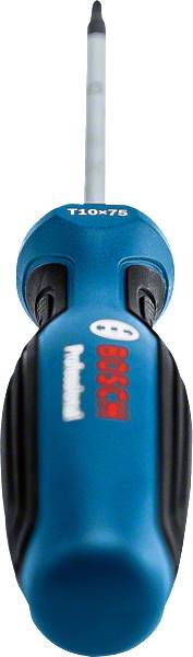 Niebieski śrubokręt z czarną rękojeścią i srebrnym grotem. Na rękojeści widnieje napis 'T10x75'.
