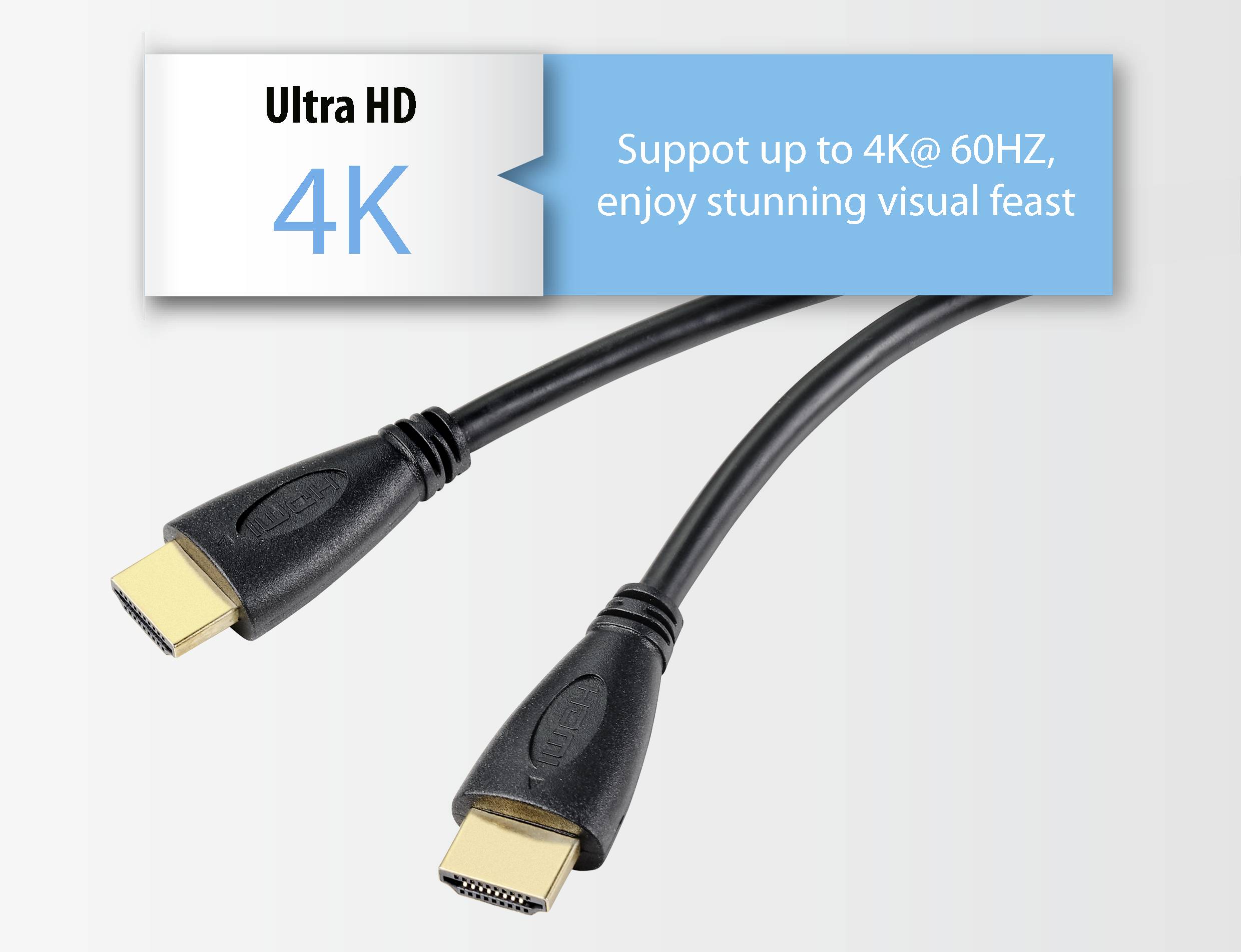 Kabel HDMI z napisem 'Ultra HD 4K, Obsługa do 4K@60Hz, ciesz się oszałamiającą ucztą wizualną'. Prezentuje kompatybilność kabla i jakość obrazu.