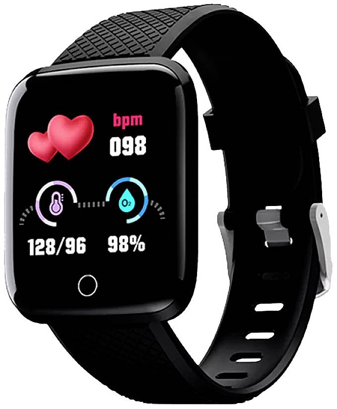 Czarny smartwatch z wyświetlaczem częstotliwości pracy serca '98 uderzeń/min', ciśnienia krwi '128/96', oraz saturacji '98%'. Symbole w kolorze.