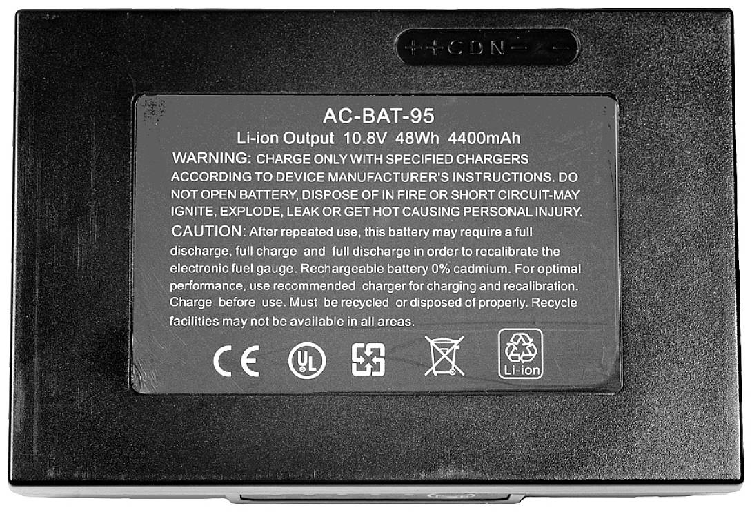 Czarny akumulator litowo-jonowy AC-BAT-95, 48Wh, 4400mAh. Ostrzeżenie przed nieprawidłowym użyciem, takim jak ogień lub zwarcie.