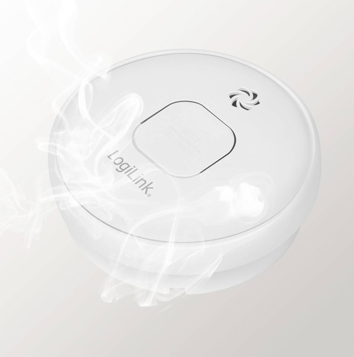 Czujnik dymu z logo LogiLink, przedstawiający unoszący się dym. Kluczowe wyposażenie bezpieczeństwa do wczesnego wykrywania pożaru we wnętrzach.