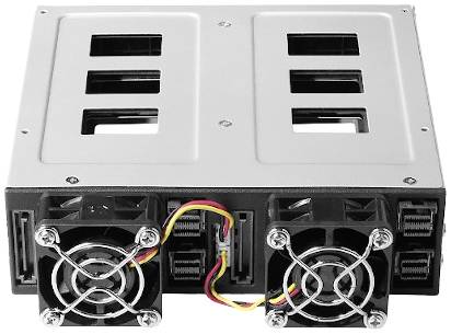 Zewnętrzna obudowa dysku twardego z dwoma wentylatorami chłodzącymi oraz wieloma gniazdami z tyłu do podłączania urządzeń.