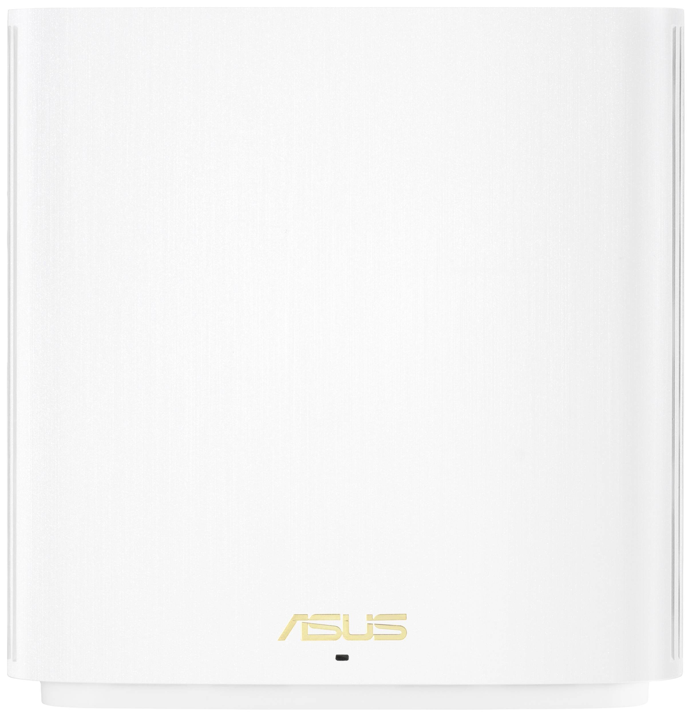 Biały router ASUS o prostej formie z złotym logo ASUS umieszczonym na środku dolnej krawędzi.