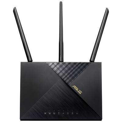 Czarny router Wi-Fi z trzema antenami. Na przedniej stronie znajduje się logo ASUS.