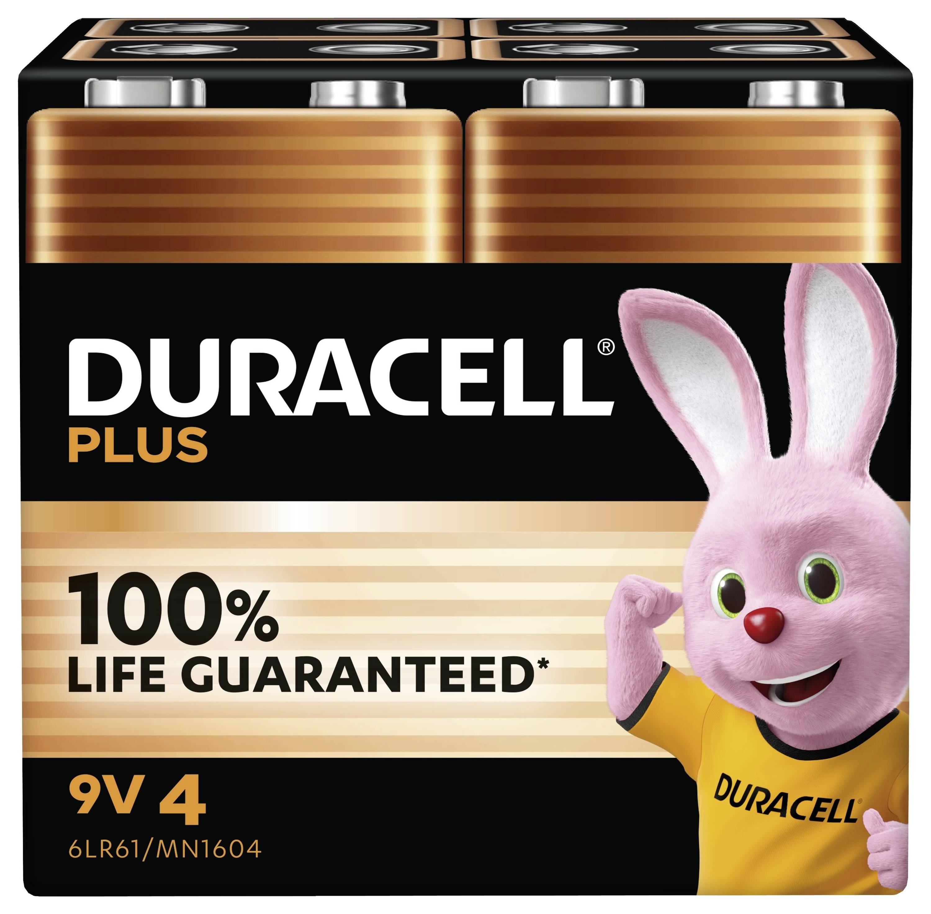Czteropak baterii Duracell 9V z maskotką zająca Duracell i tekstem „100% gwarancji na żywotność".