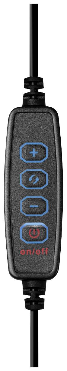 Czarny przełącznik kablowy z czterema przyciskami: '+', '-', światło i 'wł./wył.'. Przyciski są oznaczone na niebiesko, przycisk 'wł./wył.' jest oznaczony na czerwono.