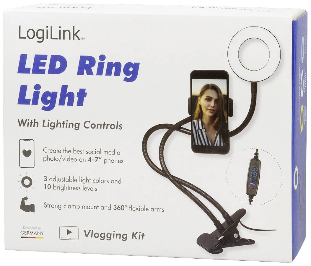 Opakowanie produktowe dla 'LogiLink LED Ring Light' z zestawem do fotografii, uchwytem na telefon i sterowaniem oświetleniem.