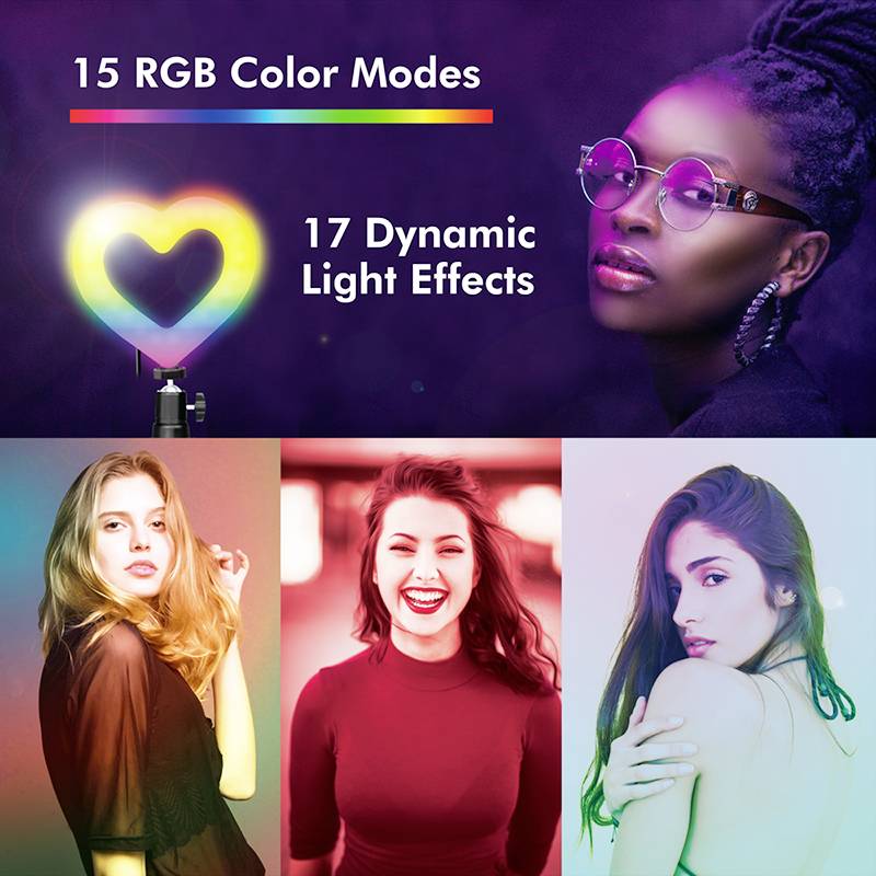 Kobieta w okularach na fioletowym tle; tekst: '15 trybów kolorów RGB', '17 dynamicznych efektów świetlnych'. Trzy portrety kobiet na dole, kolorowe oświetlenie.