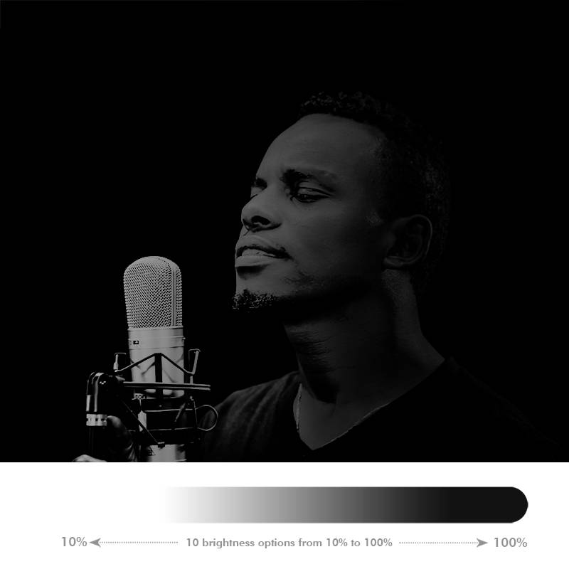 Osoba śpiewa do mikrofonu na ciemnym tle. Na dole znajduje się skala jasności od 10% do 100% z zaznaczonymi poziomami.