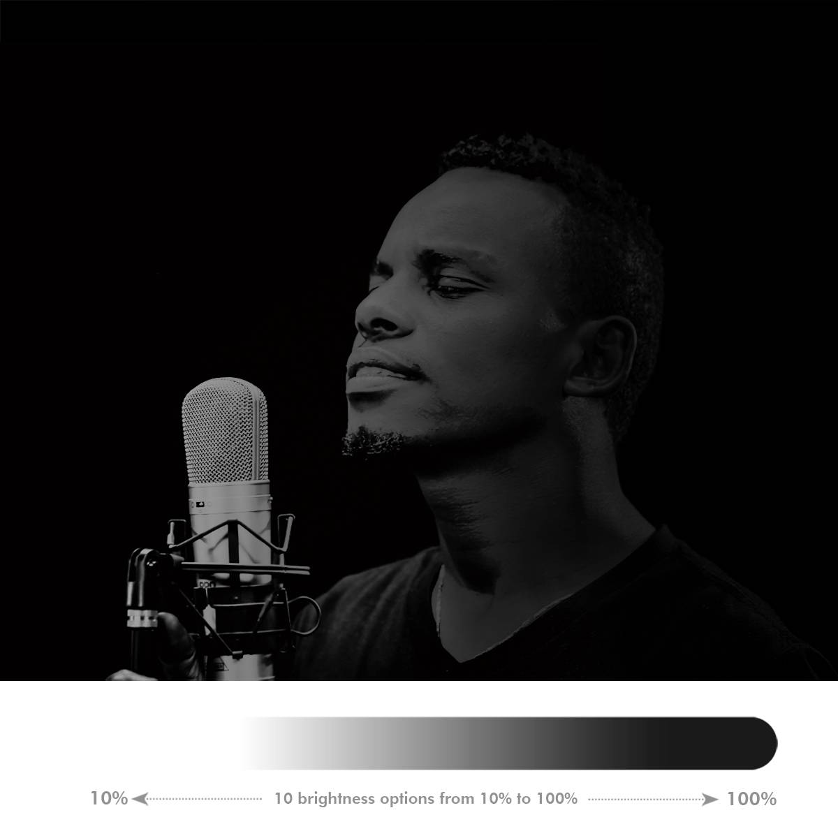 Mężczyzna śpiewa do mikrofonu. Poniżej znajduje się regulator jasności od 10% do 100% z 10 opcjami jasności.