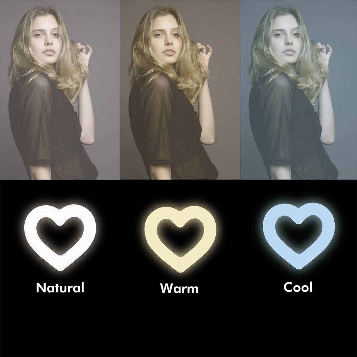 Trzy zdjęcia kobiety z różnymi filtrami kolorystycznymi: po lewej stronie 'Naturalny', w środku 'Ciepły', po prawej stronie 'Chłodny'. Prezentacja wpływu temperatury świata na odbiór barw.