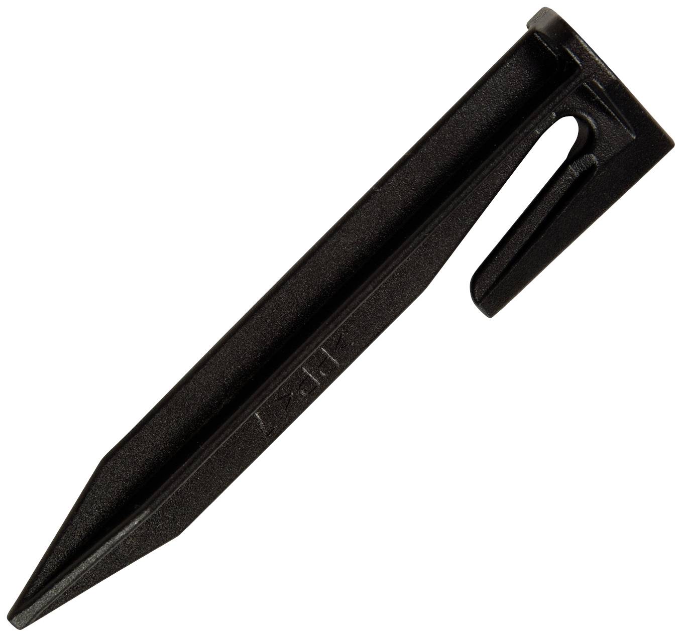 Czarny plastikowy kotwiczny element mocujący do gruntu w kształcie pale z otworem z jednej strony.