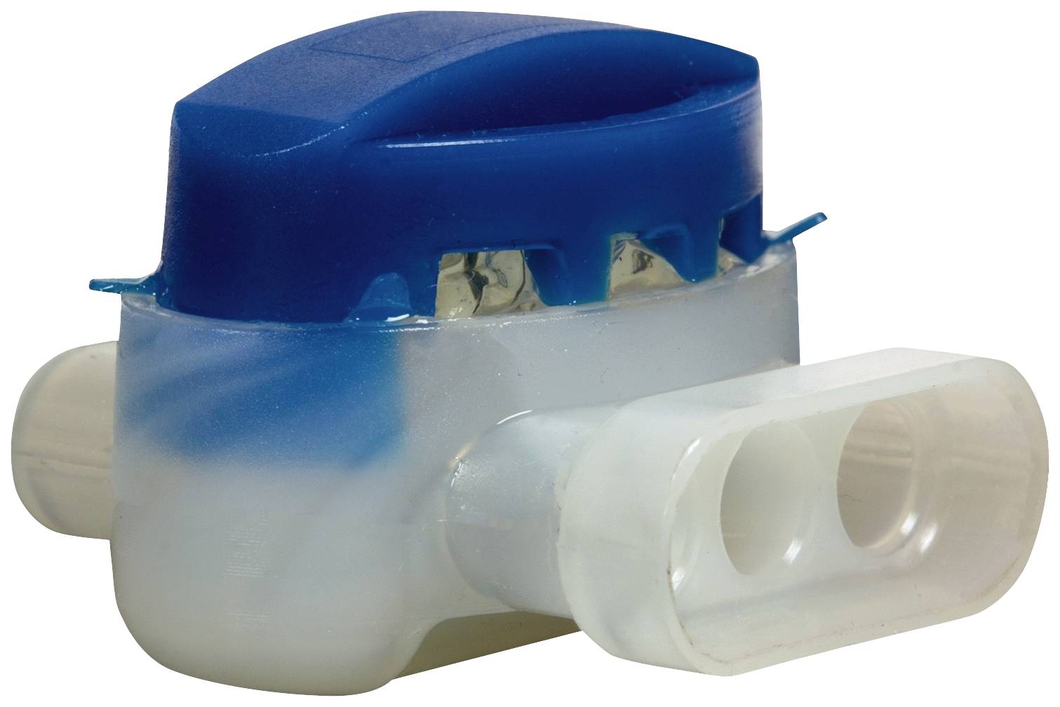 Niebieskobiały plastikowy przełącznik o prostokątnej obudowie z wystającymi złączami.