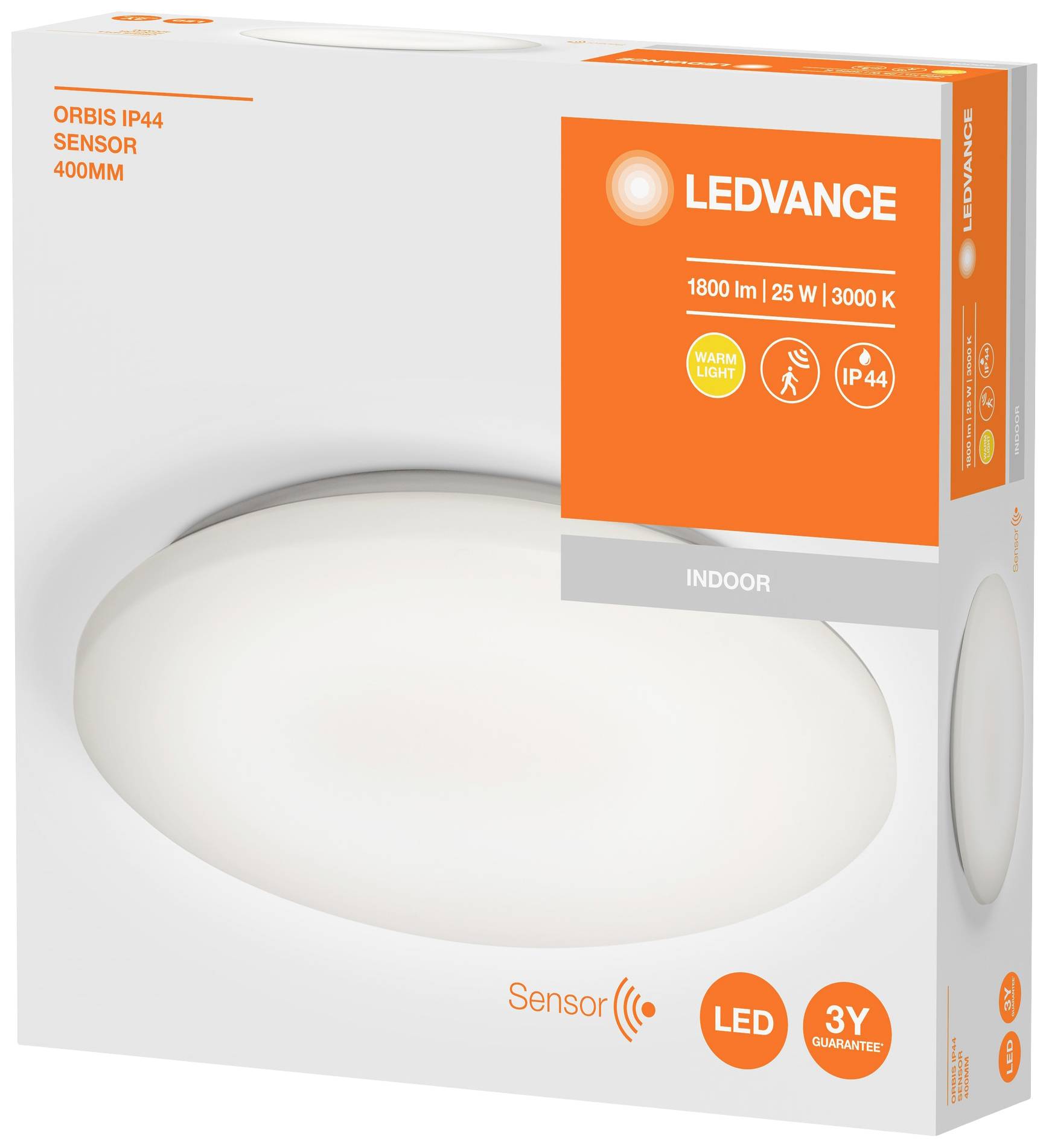 Opakowanie produktu dla lampy sufitowej LED. Marka: Ledvance. Specyfikacje: 1800 lm, 25 W, 3000 K. Cechy: Czujnik, IP44, 3 lata gwarancji.