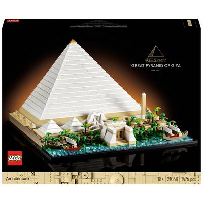 Zestaw Lego Wielkiej Piramidy w Gizie, przedstawiający piramidę wraz z otoczeniem, w tym łodzie i palmy. Model dla dorosłych, 1476 elementów.