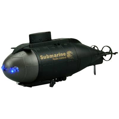 Zdalnie sterowane modele łodzi podwodnej z napisem 'Submarine', świecące na niebiesko z przodu, w kolorze czarno-szarym, widoczny śmigłowiec.