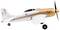 Mały modelowy samolot o biało-złotym wzornictwie, z śmigłem z przodu i flagą USA na tylnym skrzydle, na białym tle.
