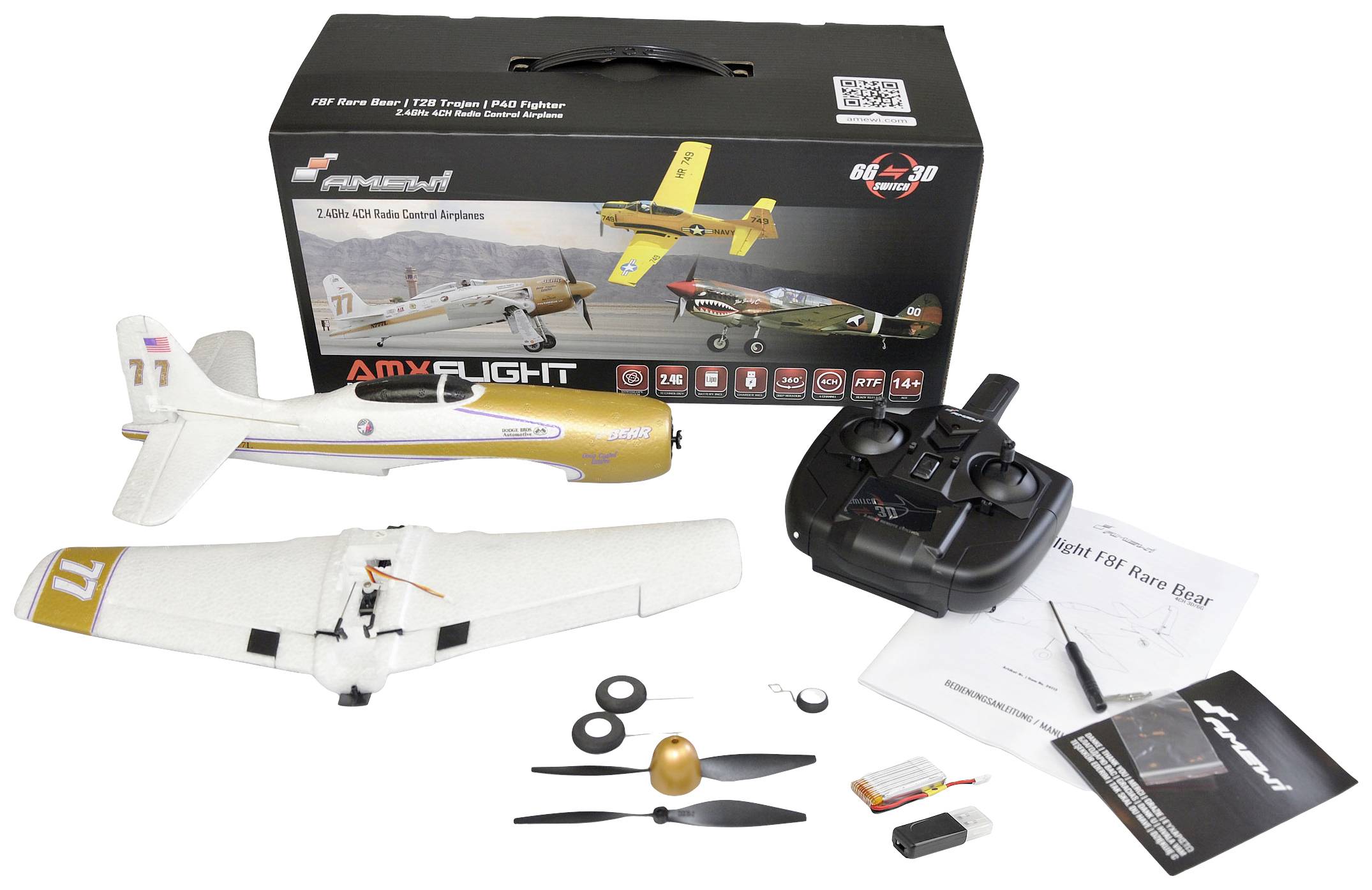 Zestaw modelu samolotu z pilotem zdalnego sterowania i akcesoriami. Opakowanie prezentuje ilustracje samolotu oraz szczegóły techniczne.