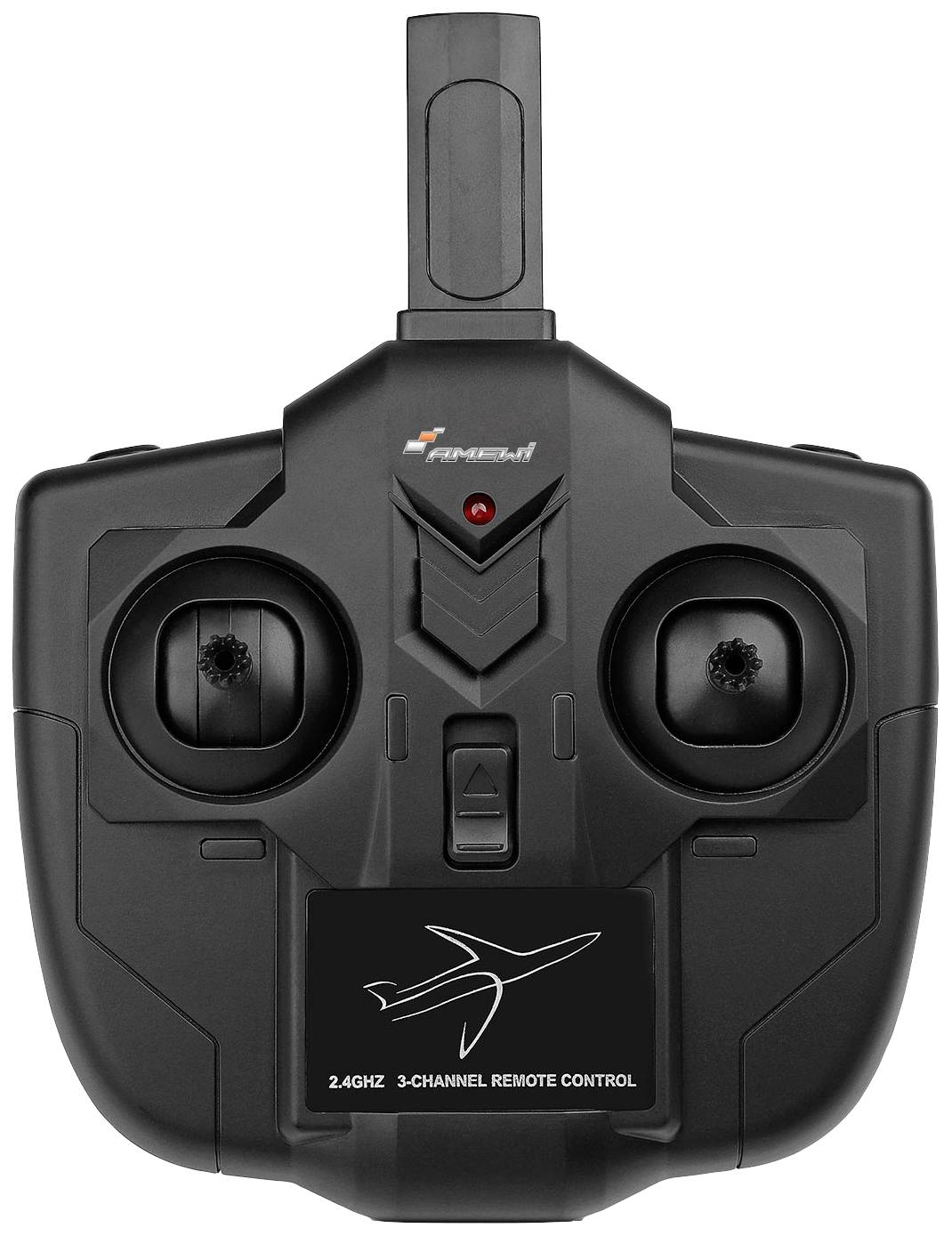 Czarna pilot zdalnego sterowania do modelu samolotu z dwoma drążkami sterującymi i anteną. Napis: '2,4 GHz pilot 3-kanałowy'.