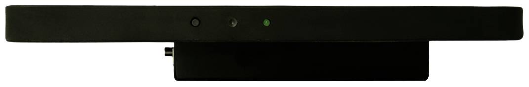 Czarna, prostokątna soundbar z małym zielonym światłem pośrodku z przodu, na neutralnym, białym tle.