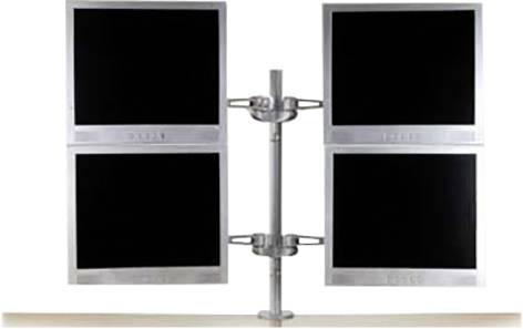 Cztery czarne monitory komputerowe ułożone w siatce 2x2, zamontowane na centralnym metalowym stojaku.