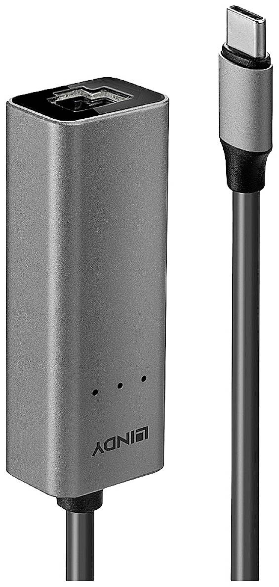 Adapter w metalowej obudowie z wtyczką USB-C i złączem Ethernet, odpowiedni do połączeń sieciowych przez urządzenia przewodowe.