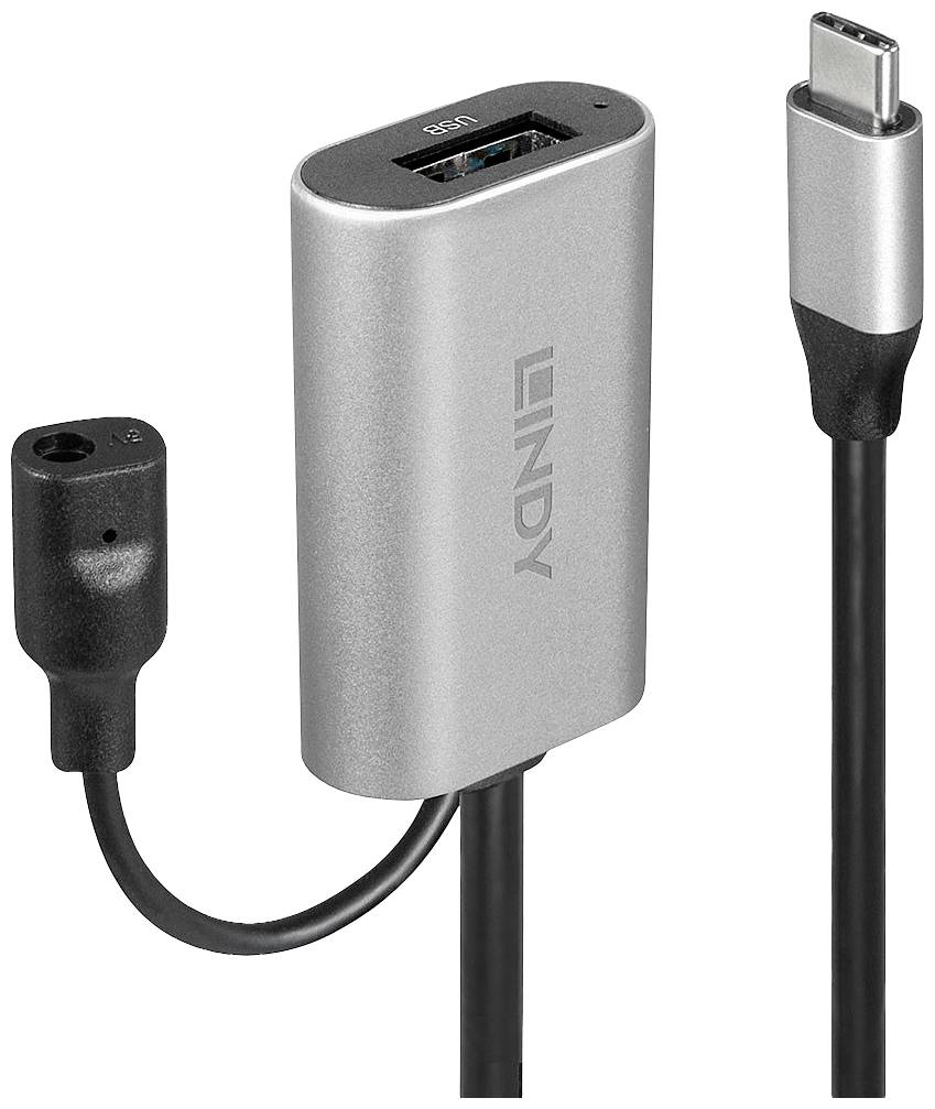 USB-кабель LINDY USB 3.2 Gen1 USB-C® штекер, USB-A гнездо, 5,00 м, черный, серый, активный дизайн с усилением сигнала, артикул 432
