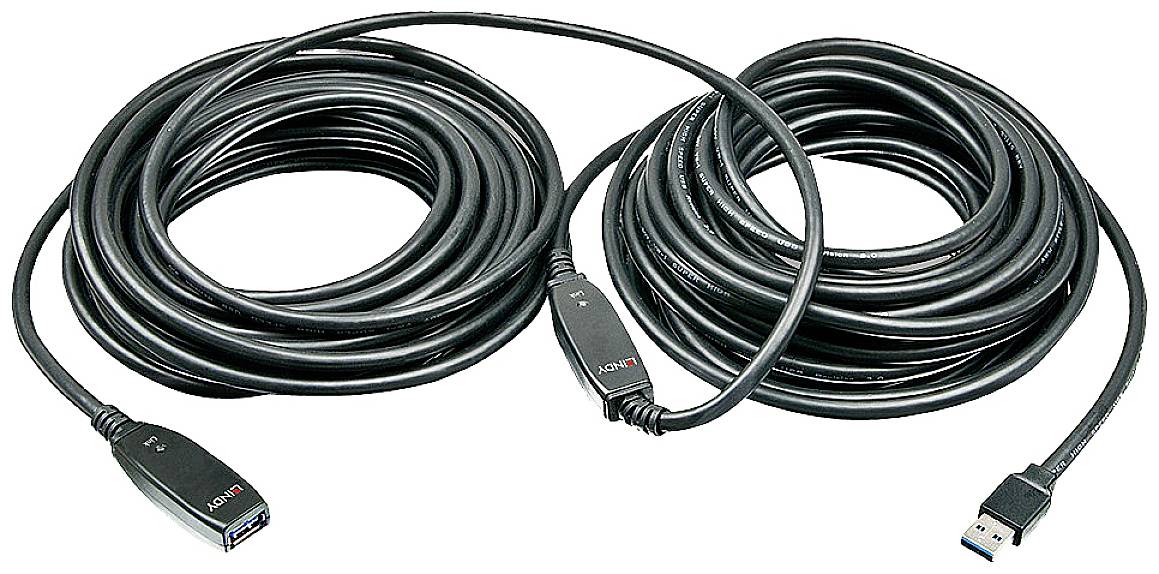 Długi kabel przedłużający USB z dwoma cewkami i wtyczkami na końcach, odpowiedni do podłączania urządzeń znajdujących się w dużej odległości od siebie.