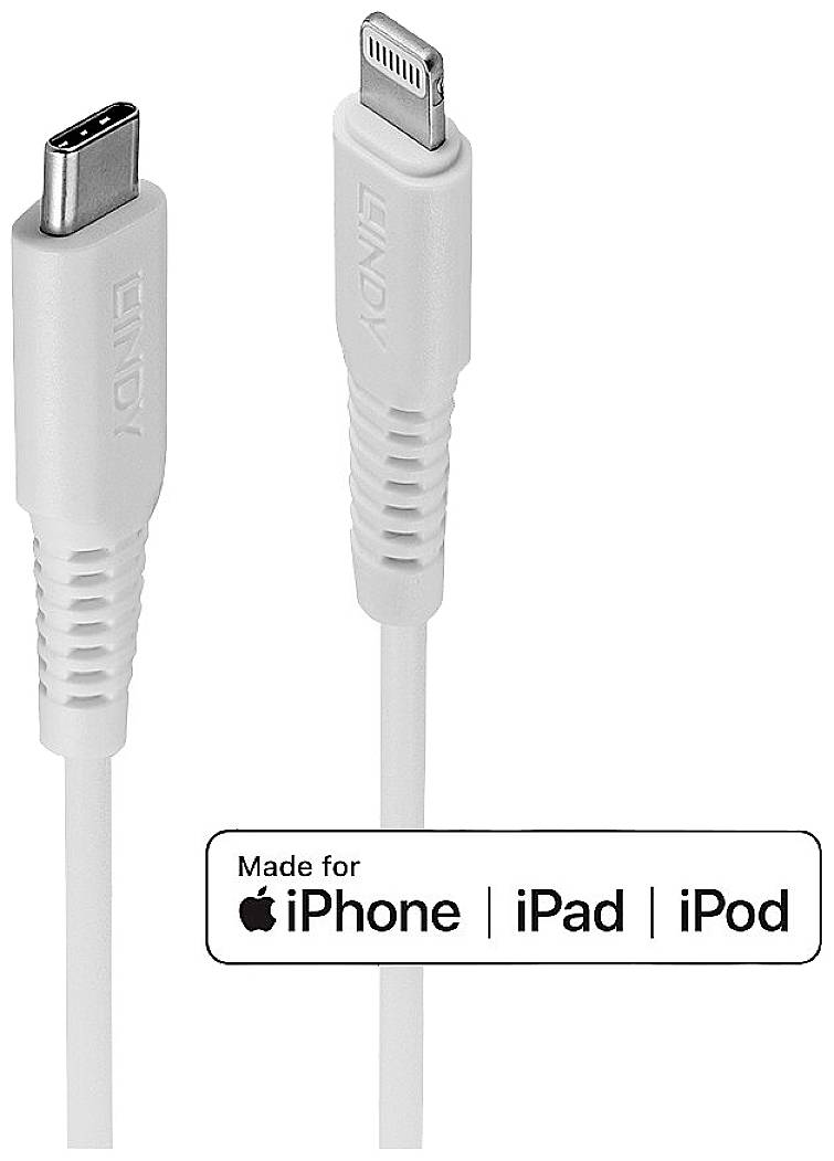 Kabel USB-C na Lightning firmy Lindy z certyfikatem, kompatybilne z iPhone'em, iPadem i iPodem.
