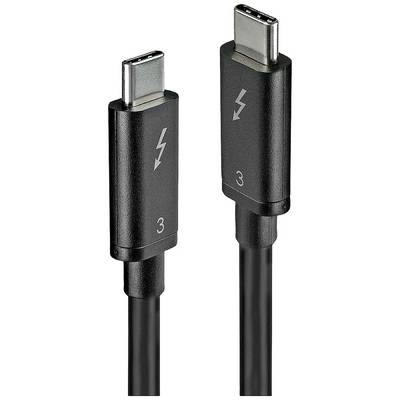 Dwa czarne kable Thunderbolt 3 USB-C z symbolami błyskawic, przeznaczone do szybkiego przesyłania danych i ładowania.
