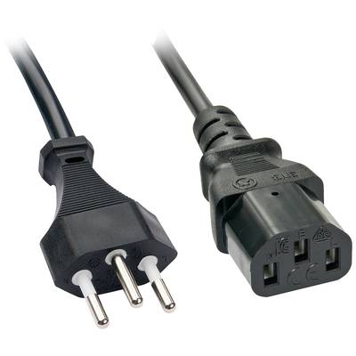 Wtyczka EU i wtyczka IEC-C13 czarnego przewodu zasilającego. Wtyczka EU ma okrągłe wtyki, a wtyczka IEC-C13 prostokątne styki.