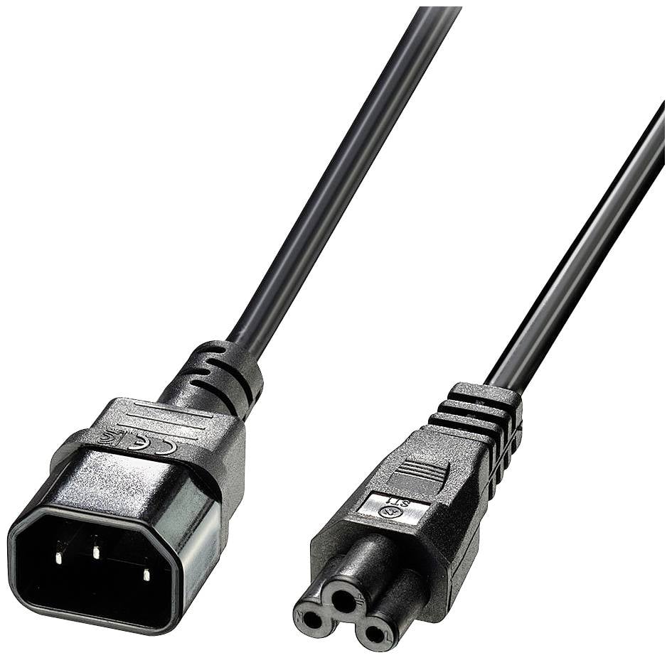 Czarny kabel sieciowy z wtyczką IEC-320-C13 po lewej stronie i trzypinową wtyczką europejską po prawej stronie, odpowiedni do komputerów i urządzeń elektronicznych.