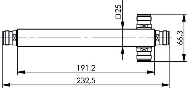 Rysunek techniczny rury z przyłączami i wymiarowaniem. Całkowita długość 232,5 mm, średnica 66,3 mm, odległość między przyłączami 25 mm.