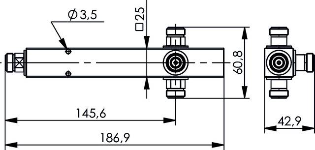 Rysunek techniczny elementu cylindrycznego z wymiarami: długość 186,9, średnica 3,5. Widok szczegółowy przedstawia złącza i oznaczenia długości.